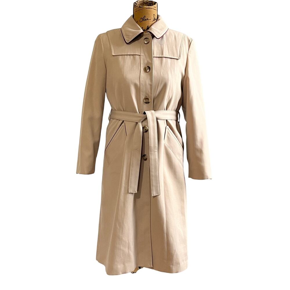 Vintage 1970s Beige Burgundy Button Up Tie Belt Lined Trench Coat Women’s S/M